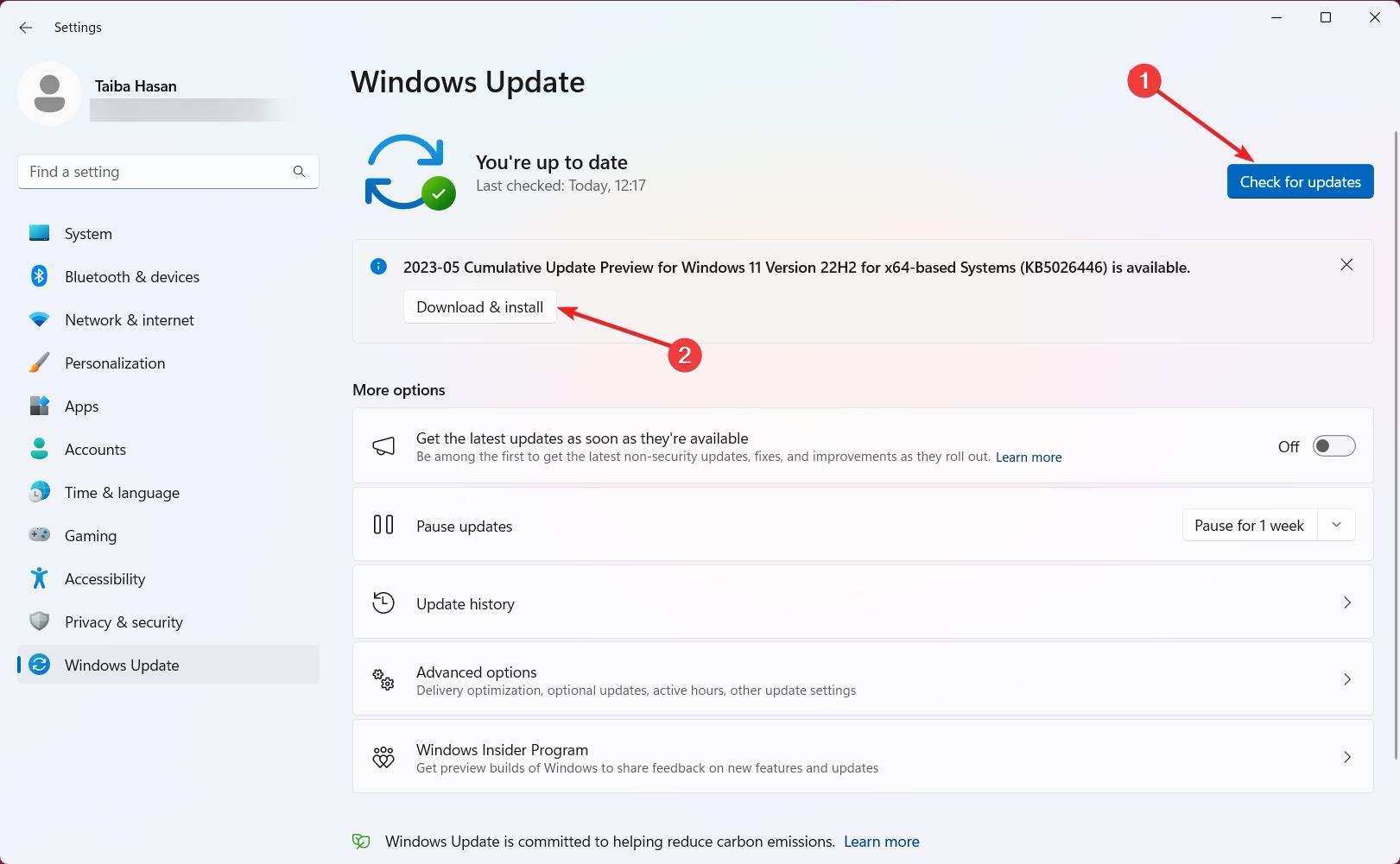 Кнопка проверки обновлений в Windows Update