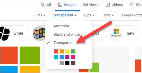 Выбор опции «Прозрачный» в меню «Цвет» Google Images