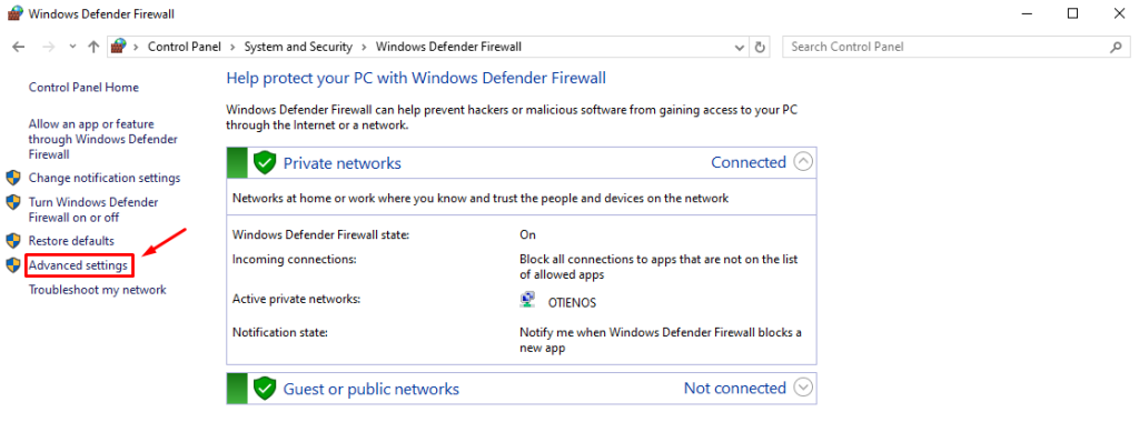 Дополнительные параметры брандмауэра