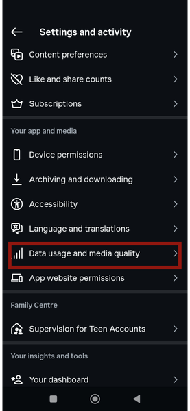 Настройки использования данных в Instagram
