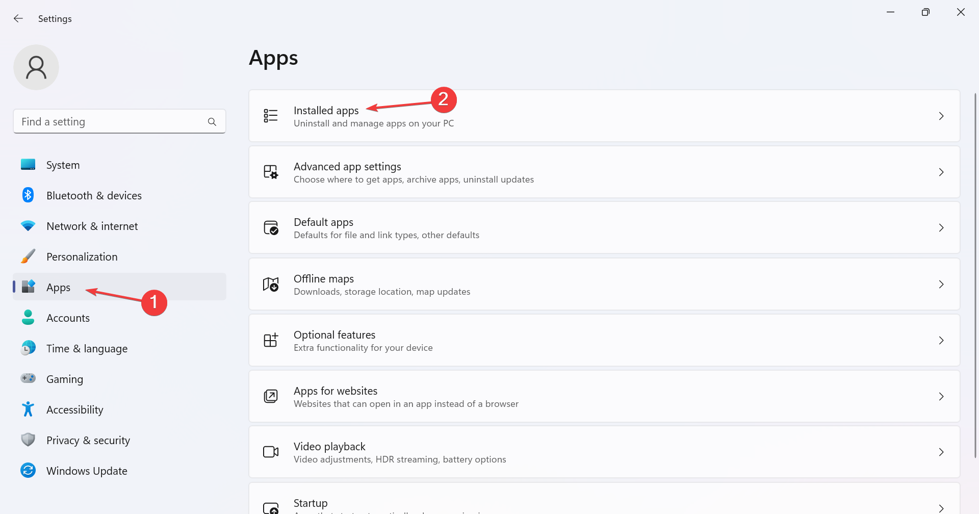 Список установленных приложений в Параметрах