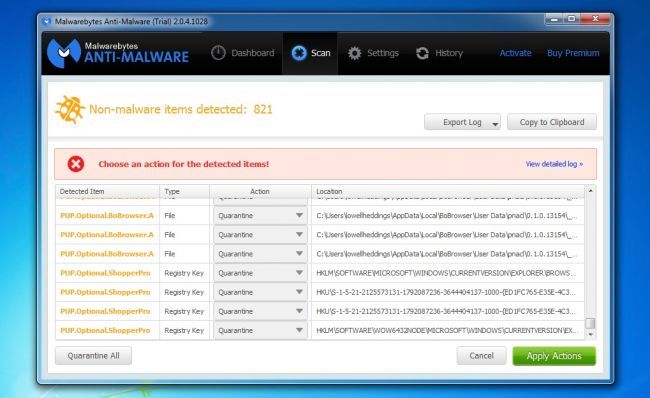Malwarebytes: результат сканирования и кнопка Apply Actions