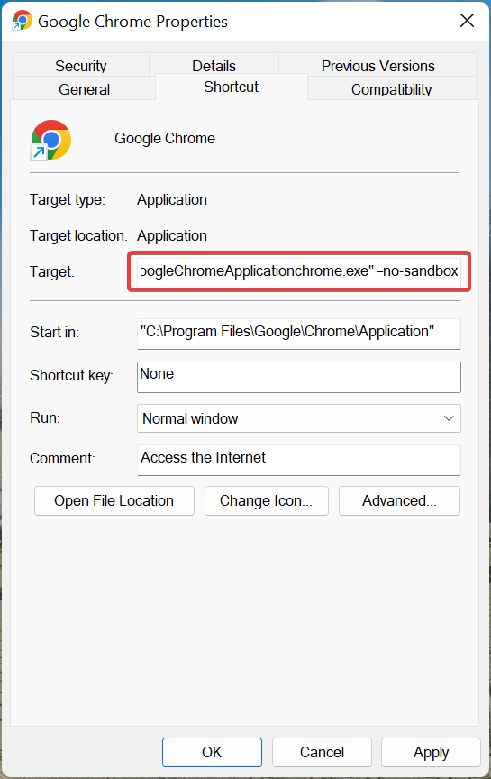 Добавление параметра --no-sandbox в поле Объект