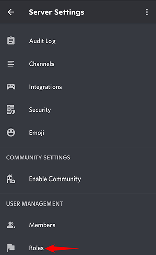 Переход в Roles в мобильных настройках