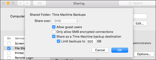 Изображение параметра ограничения размера резервной папки для Time Machine