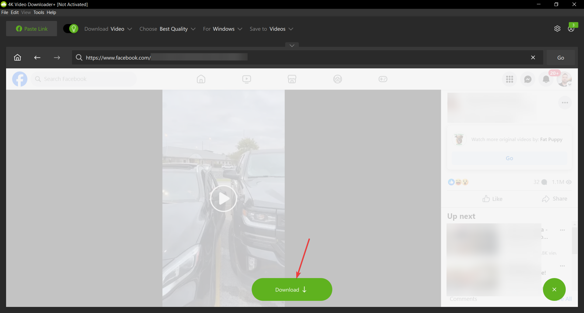 Вставка ссылки Facebook в встроенный браузер 4K Video Downloader