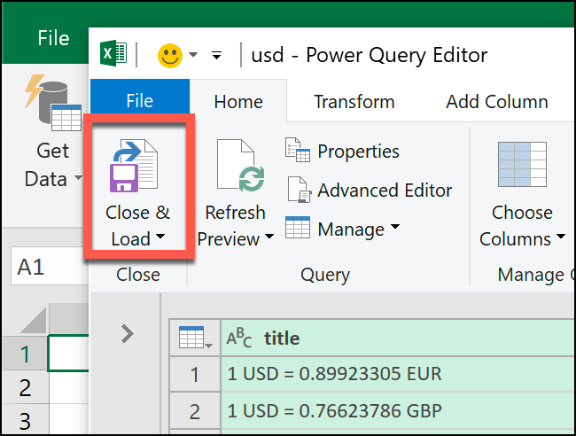 Нажмите Закрыть и загрузить, чтобы добавить XML-данные в таблицу Excel.