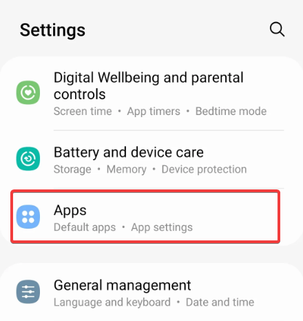Elenco app nelle impostazioni