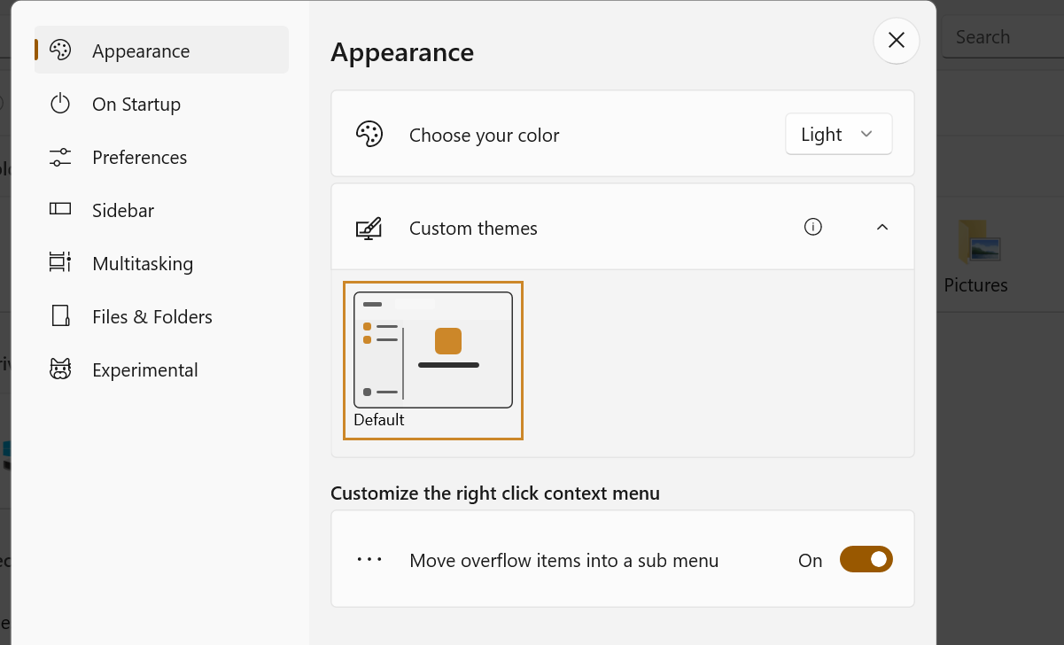 Меню внешнего вида Files