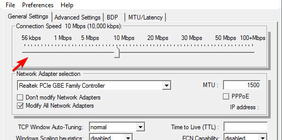 Ползунок для установки скорости соединения в TCP Optimizer