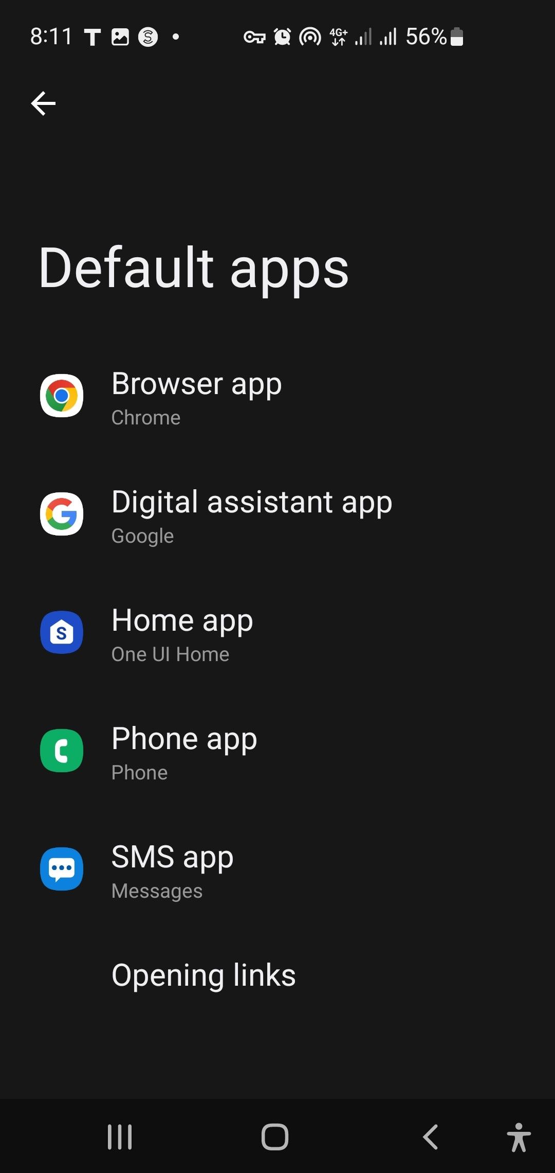 Меню Стандартных приложений в Настройках Android