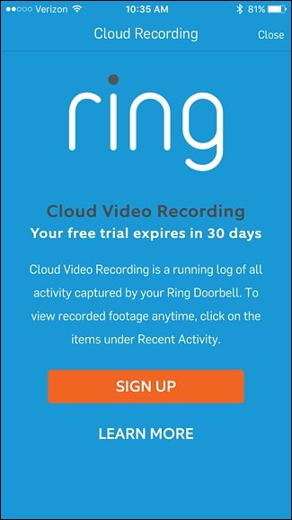 Экран приложения: предложение подписки Ring Protect с 30-дневным пробным периодом