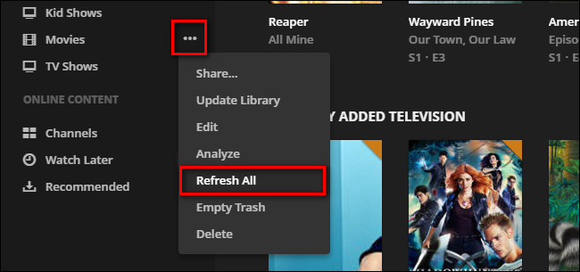 Кнопка Refresh All в интерфейсе Plex
