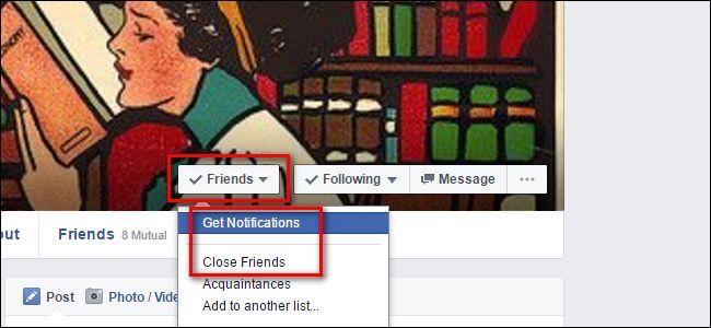 Кнопка 'Друзья' на странице профиля Facebook с опцией получения уведомлений