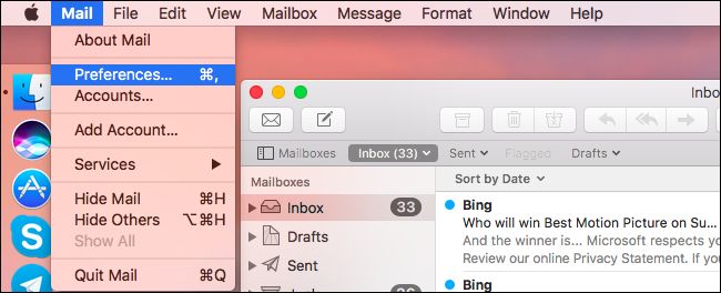 Окно настроек аккаунтов Apple Mail с выделением списка аккаунтов