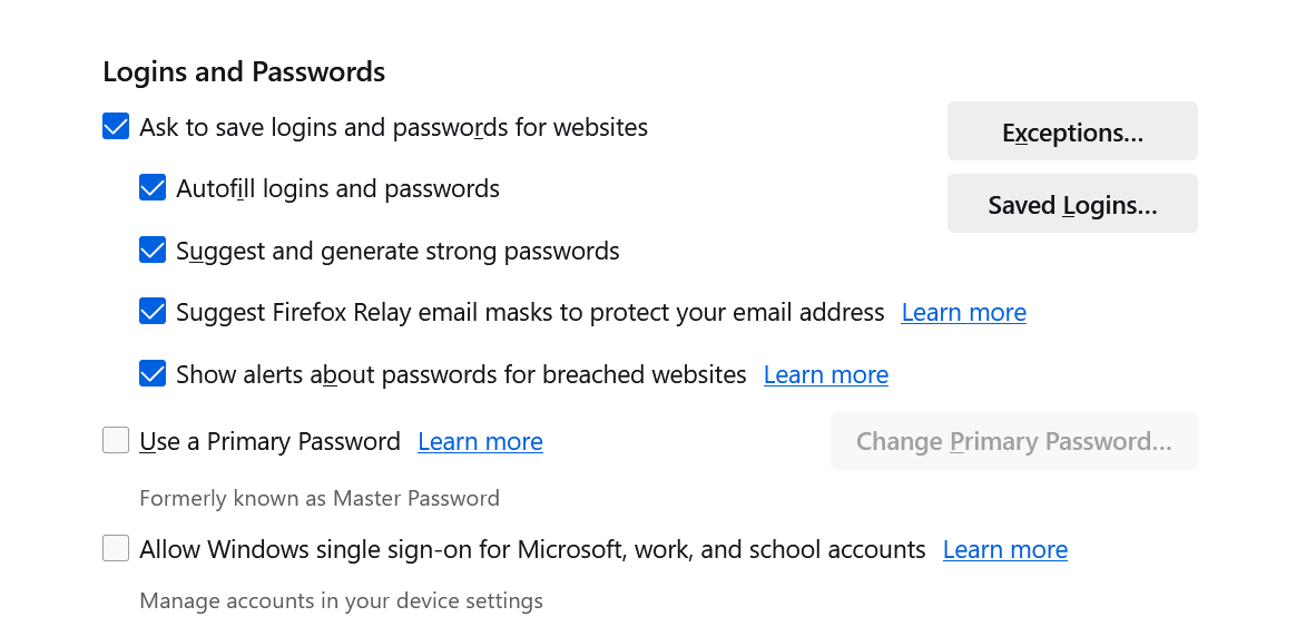 Раздел «Учетные записи и пароли» в настройках Firefox
