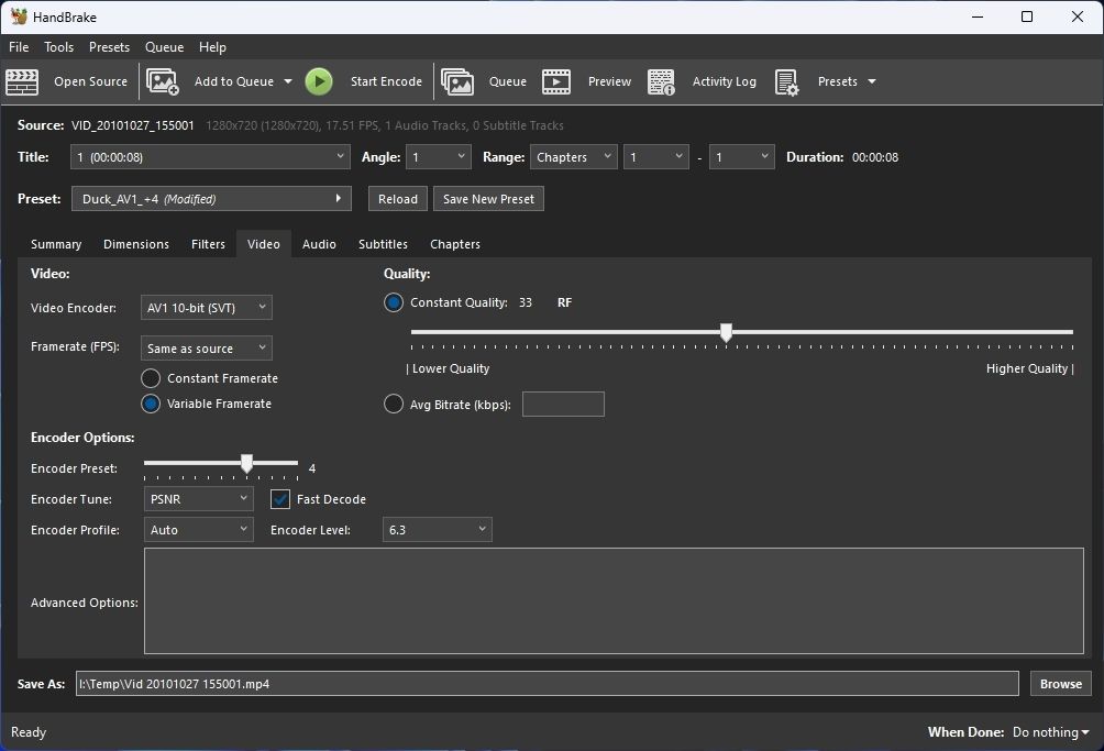 Пресет для высокого качества в HandBrake