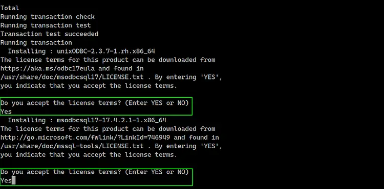 Установка mssql-tools и подтверждение лицензии в процессе dnf install