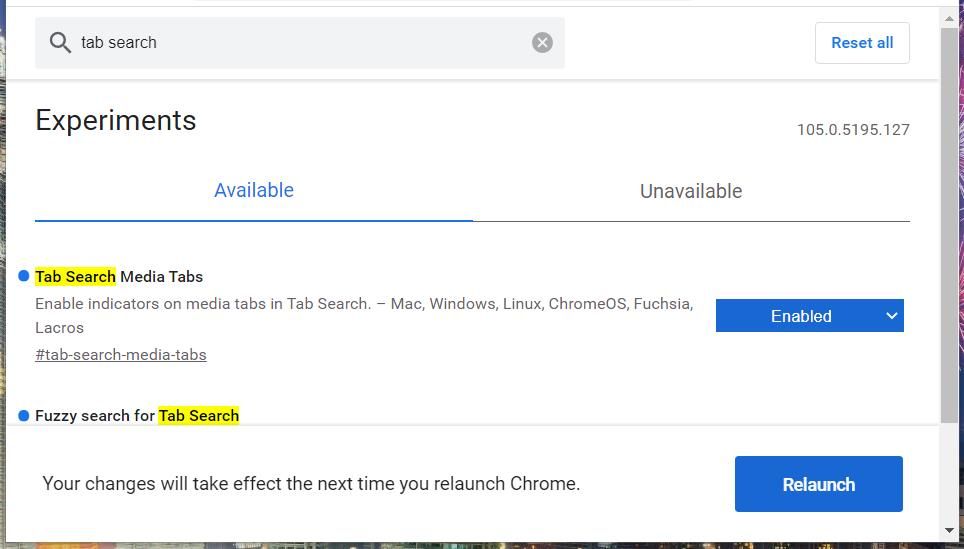 Кнопка перезапуска Chrome после включения флагов