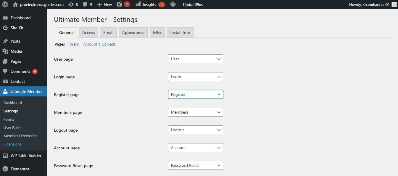 Список страниц, созданных плагином Ultimate Member