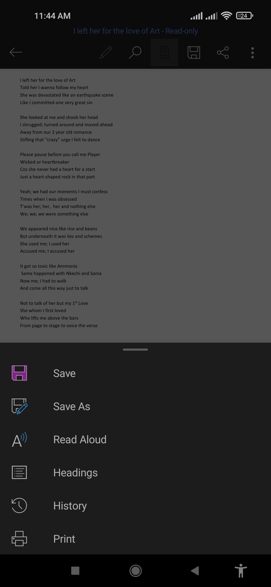 Word Mobile: пункт Чтение вслух в меню