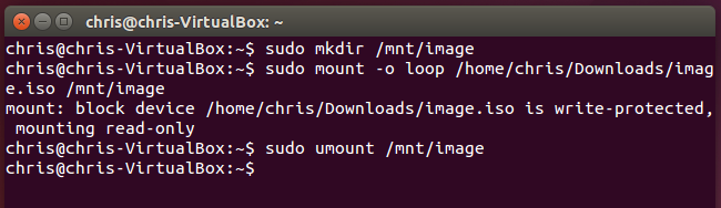 Терминал Linux с командами для монтирования ISO