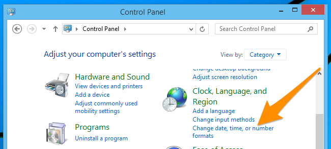 Окно «Изменение формата даты, времени или чисел» в Панели управления