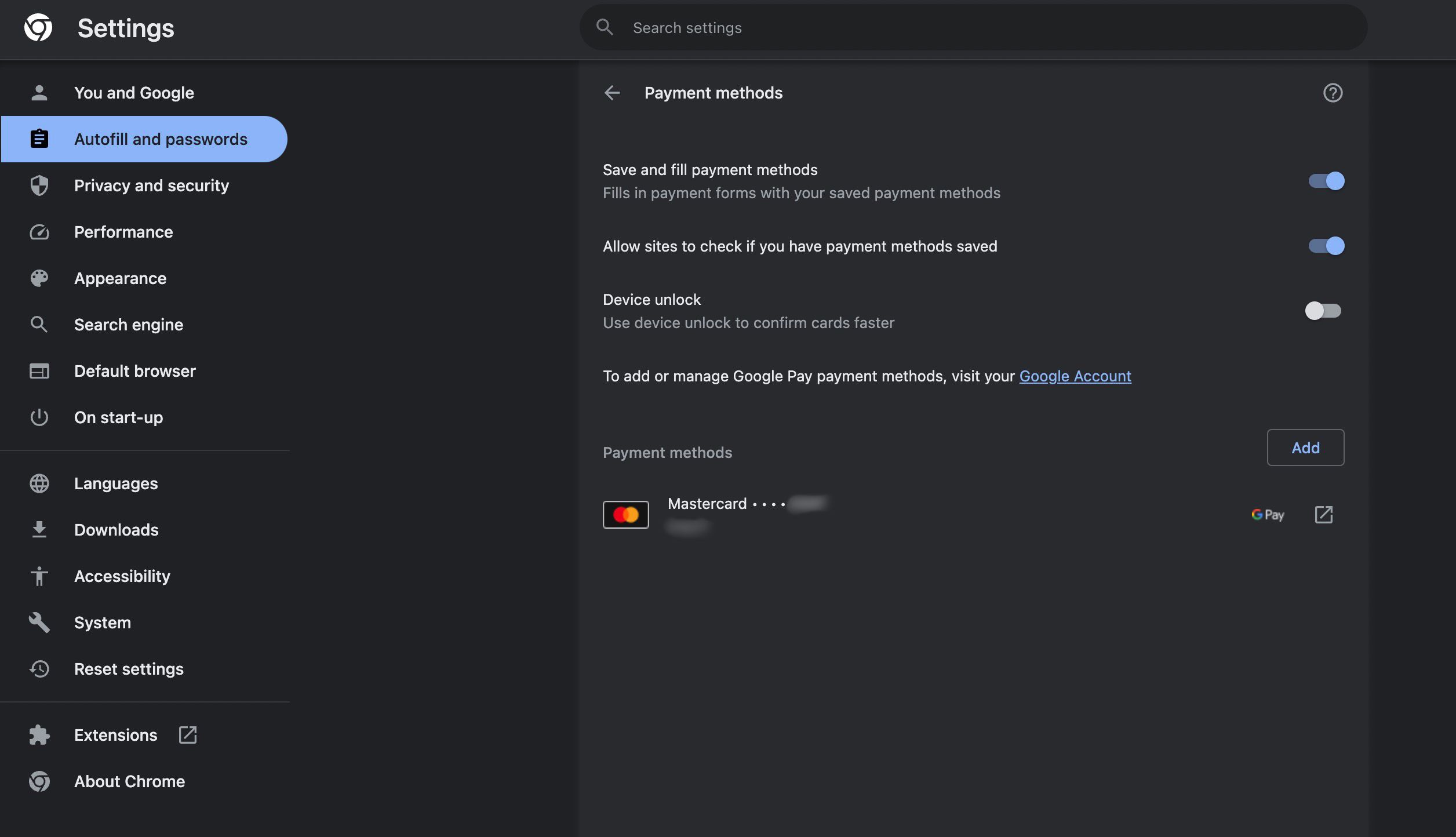 Chrome lists saved cards under payment methods in settings