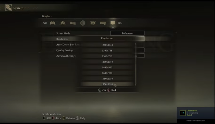 Параметр Resolution в настройках Elden Ring со списком разрешений