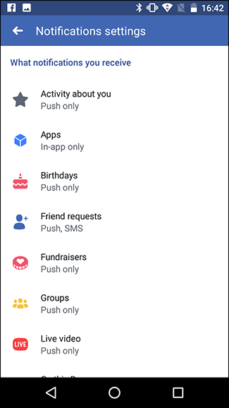 Список настроек уведомлений в Android-приложении Facebook