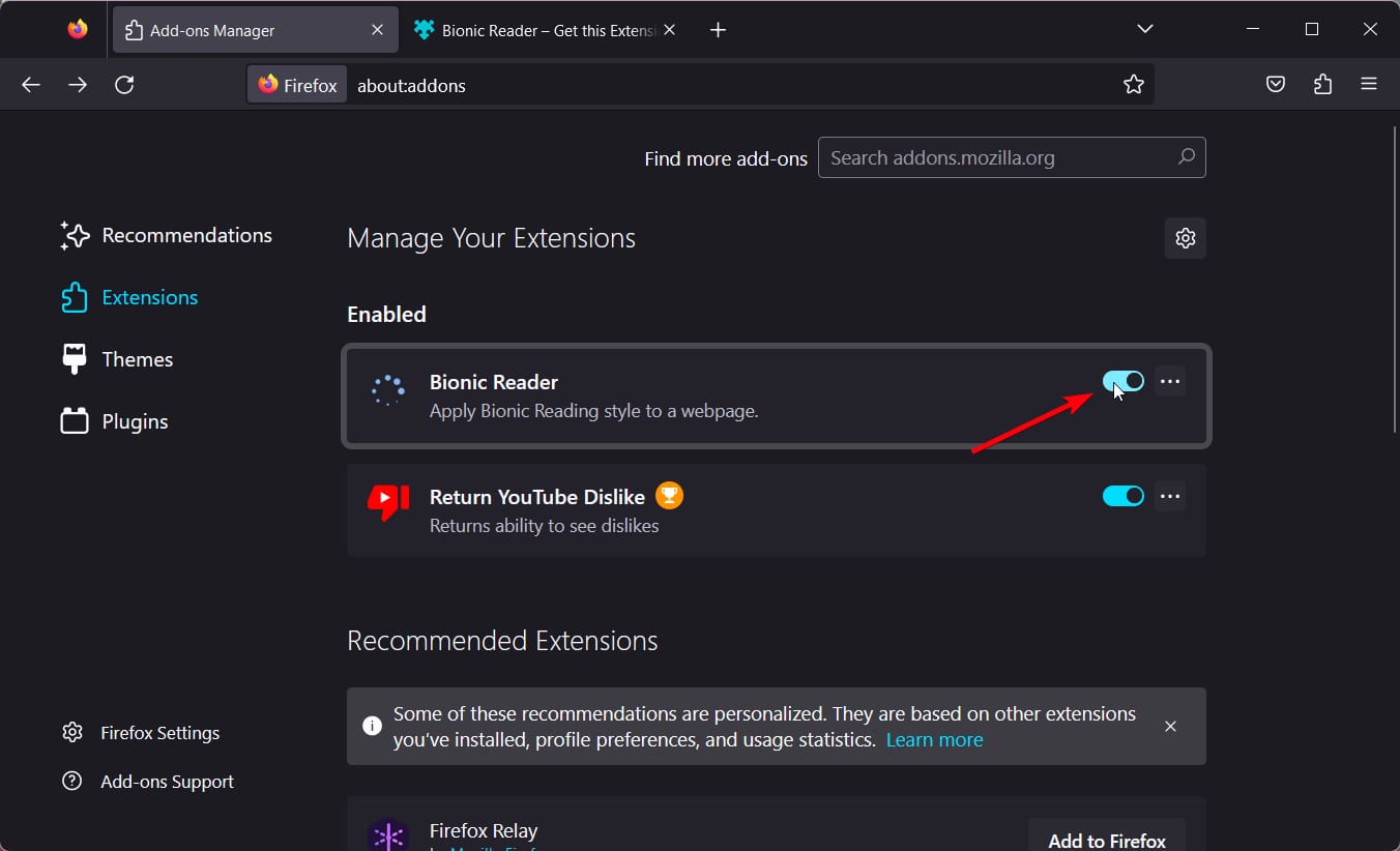 Список установленных расширений в Firefox, Bionic Reader включён