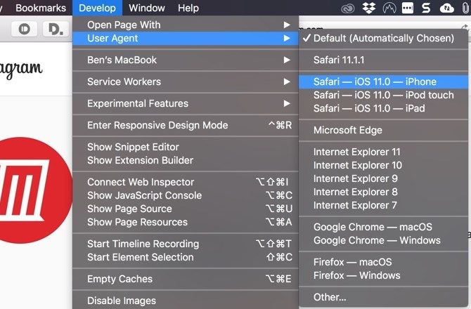 Смена user-agent в Safari для имитации iPhone