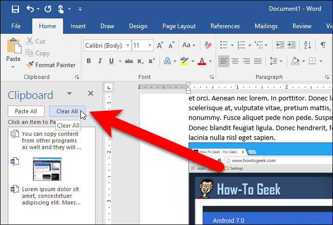 Кнопка Очистить всё на панели Буфера обмена
