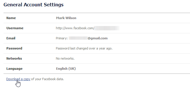 Страница загрузки архива Facebook с настройками аккаунта