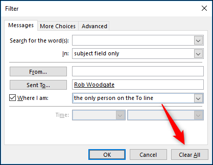 Кнопка «Очистить все» в окне фильтра Outlook