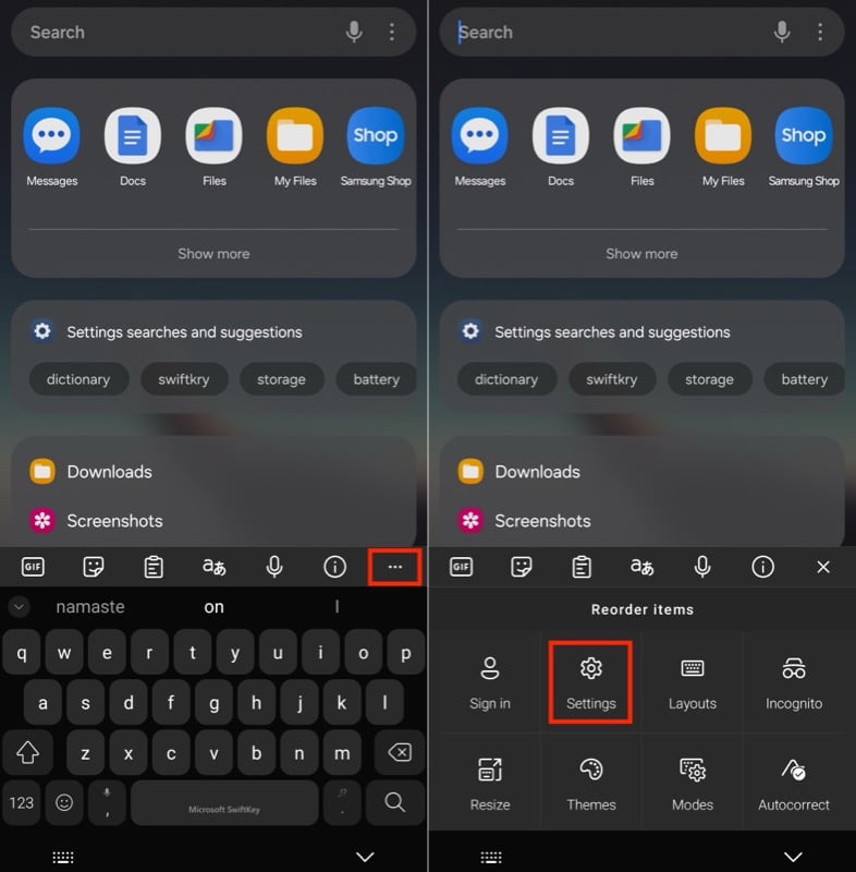Переход в настройки SwiftKey с клавиатуры
