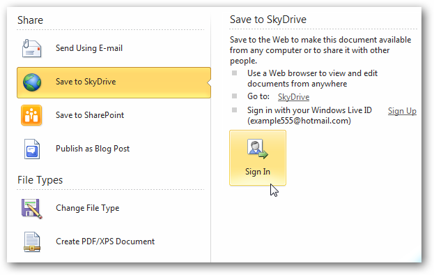 Диалог входа в Windows LiveID для доступа к SkyDrive
