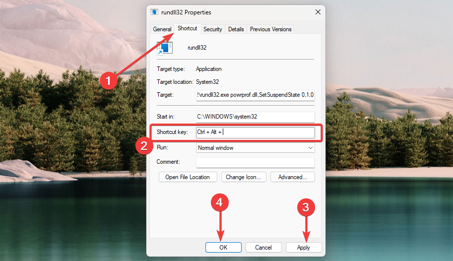 Вкладка «Ярлык» в свойствах: поле для сочетания клавиш