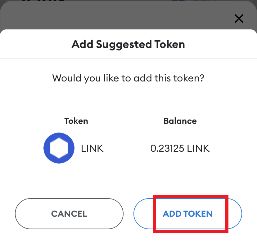 Страница с предложением добавить токен в MetaMask, кнопка Add Token выделена.