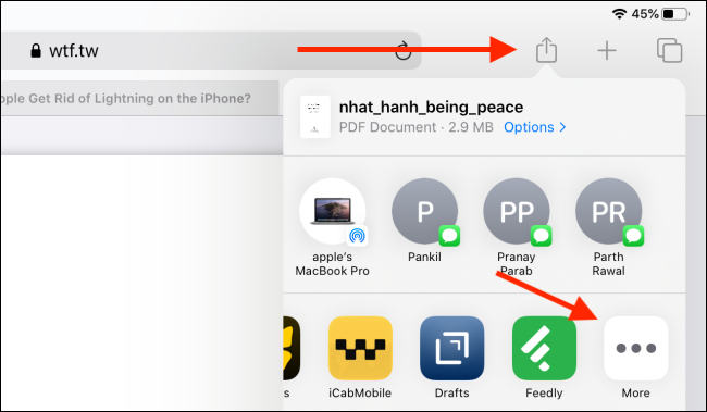 Нажмите кнопку Поделиться в PDF и выберите кнопку Ещё в разделе Приложения