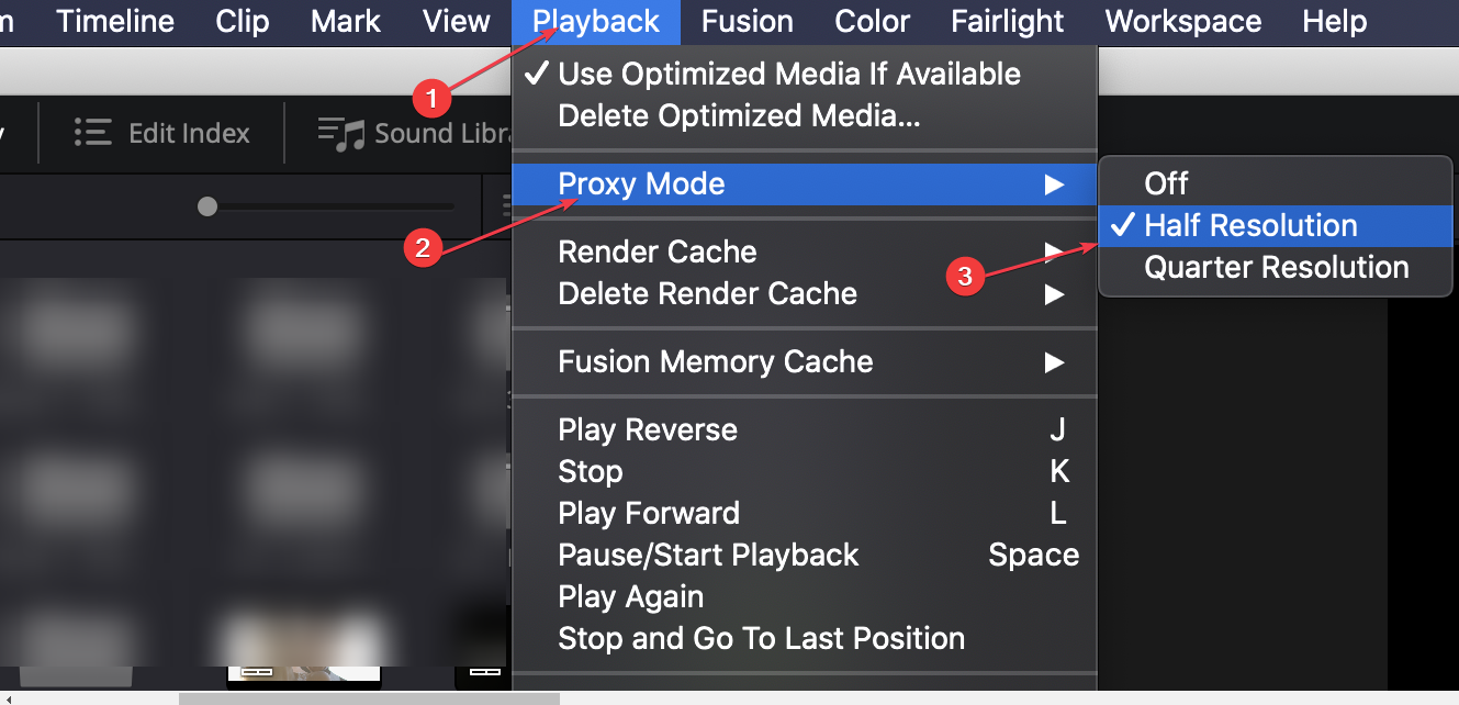 Меню Playback с параметрами Timeline Proxy Resolution