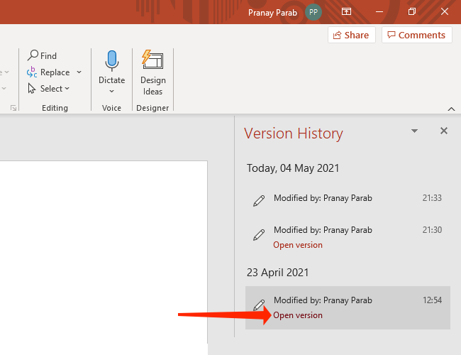Кнопка Открыть версию в панели Журнал версий
