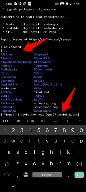 Пример команды ffmpeg для извлечения субтитров из MKV в Termux