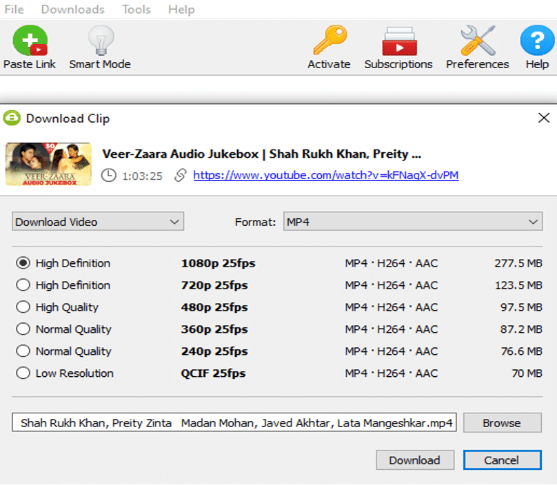 Окно выбора формата и качества перед загрузкой