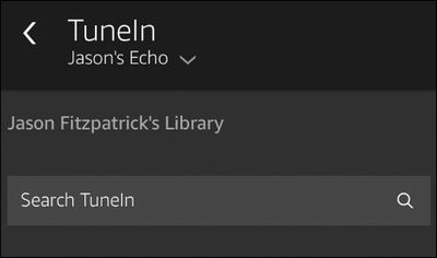 Экран поиска TuneIn внутри приложения Alexa с категориями подкастов