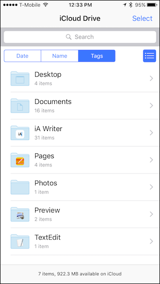 Экран приложения iCloud Drive на iOS с файлами