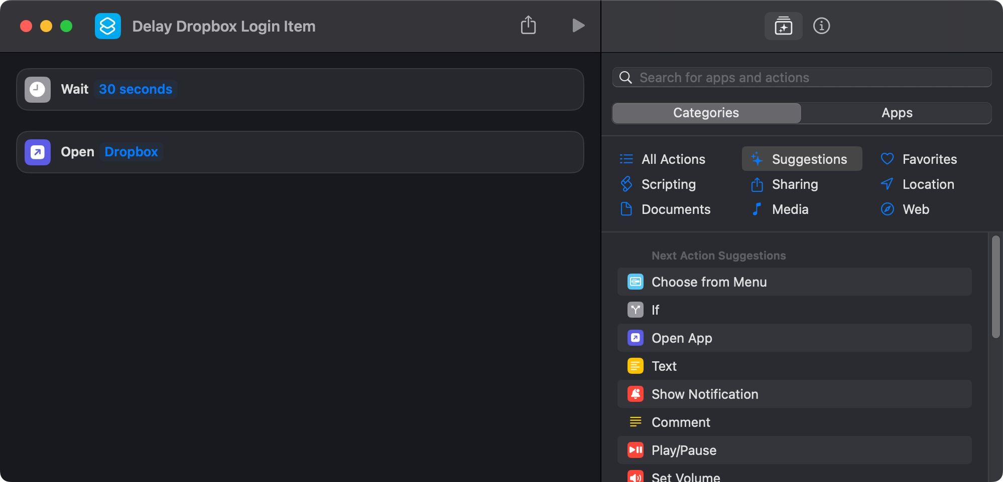 Автоматизация в приложении Команды для отложенного запуска Dropbox