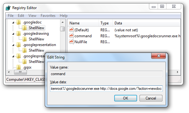 Пример редактирования строки command в regedit