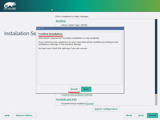 Подтверждение установки OpenSUSE Leap 42.1