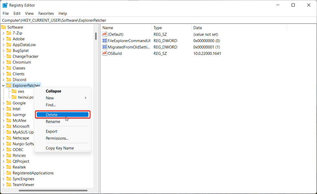 Excluir chave ExplorerPatcher no Editor do Registro
